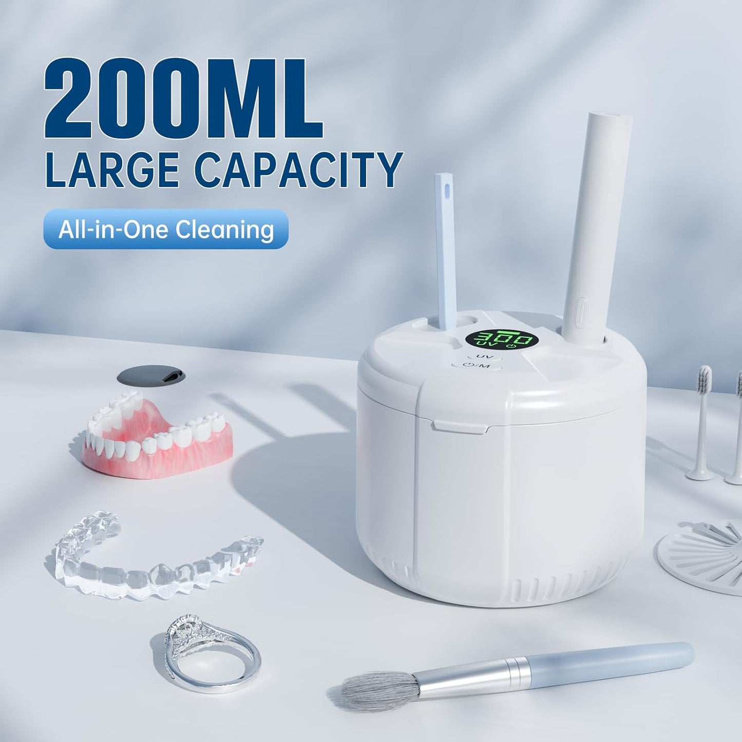 Ultrasonic Retainer Cleaner - 45kHz Dental Deep Cleaning Machine for Dentures, Aligners & Jewelry | 200ML Capacity, Timer 5/10/15 Mins