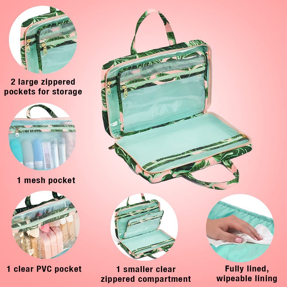Conair 2 Piece Tropical Palm Leaf Print Weekender Bag Set With Clear Pencil Case Makeup Bag