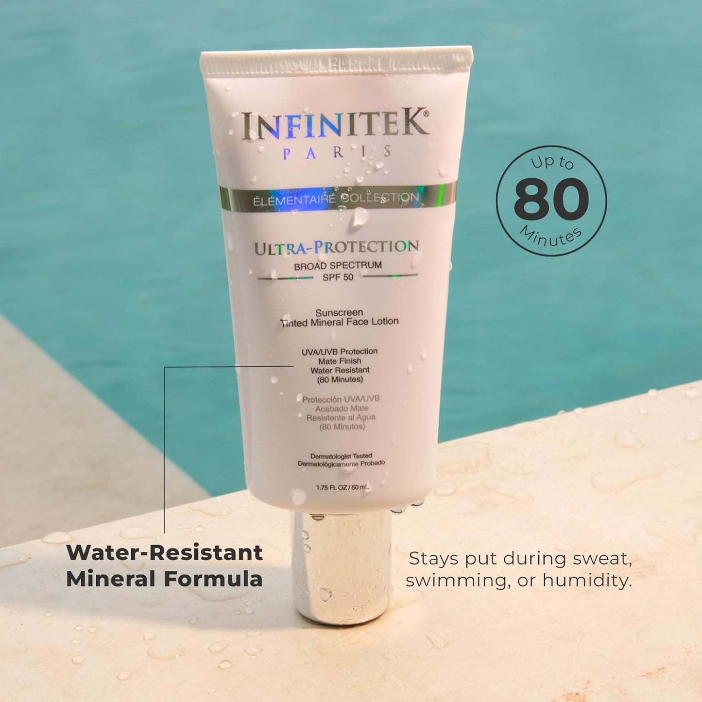Infinitek Paris Tinted Mineral Sunscreen SPF 50 - Lightweight Daily Face Protection Against UVA/UVB & Blue Light | Water Resistant (80 Min) | 1.75 fl oz / 50 ml