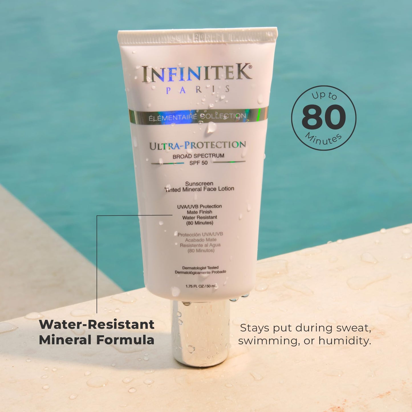 Infinitek Paris Tinted Mineral Sunscreen SPF 50 Ultra-Protection | Lightweight Daily Sunscreen for Face | Protects Against UVA/UVB Rays & Blue Light | Water Resistant (80 Minutes) | 1.75 fl oz / 50 ml