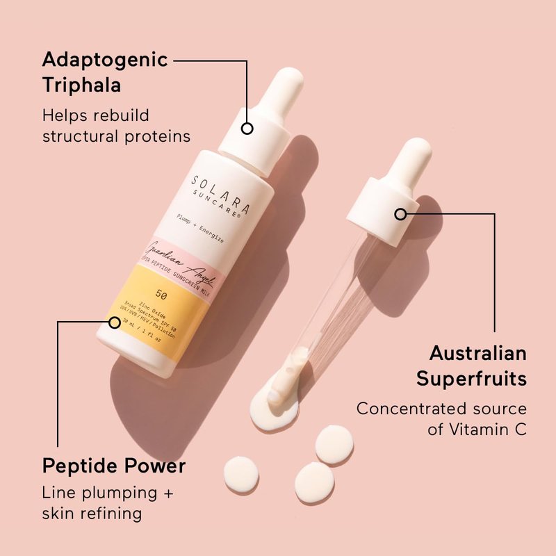 Solara Suncare - Guardian Angel Super Peptide Sunscreen Milk, SPF 50 | EWG Verified, Vegan, Cruelty Free, Reef friendly | Plump+Energize | Zinc Oxide Helps Fight UVA, UVB, Pollution (1 fl oz | 30 ml)