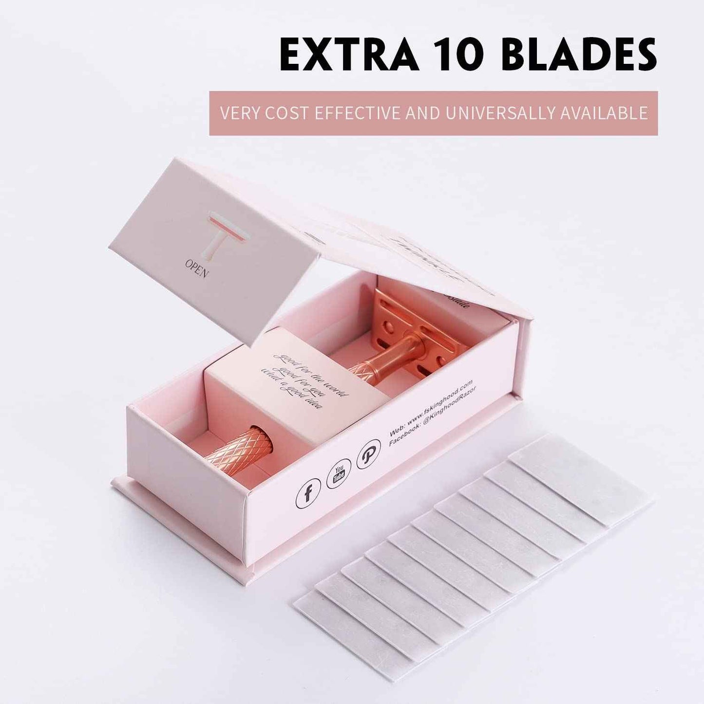 KINGHOOD Safety Razor for Men and Women - Double Edge Razor With 10 Reusable Blades (Rose Gold)