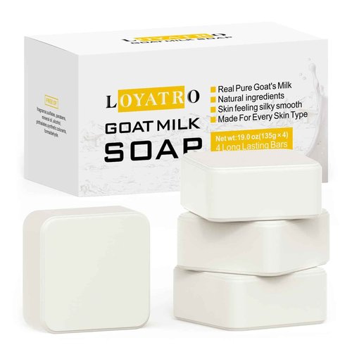 LOYATRO Goat Milk Soap Bar 4.8 oz (4 Bars) For Dry Sensitive Skin. Natural Soap For Women, Men, Kids & Baby. Great For Face & Body