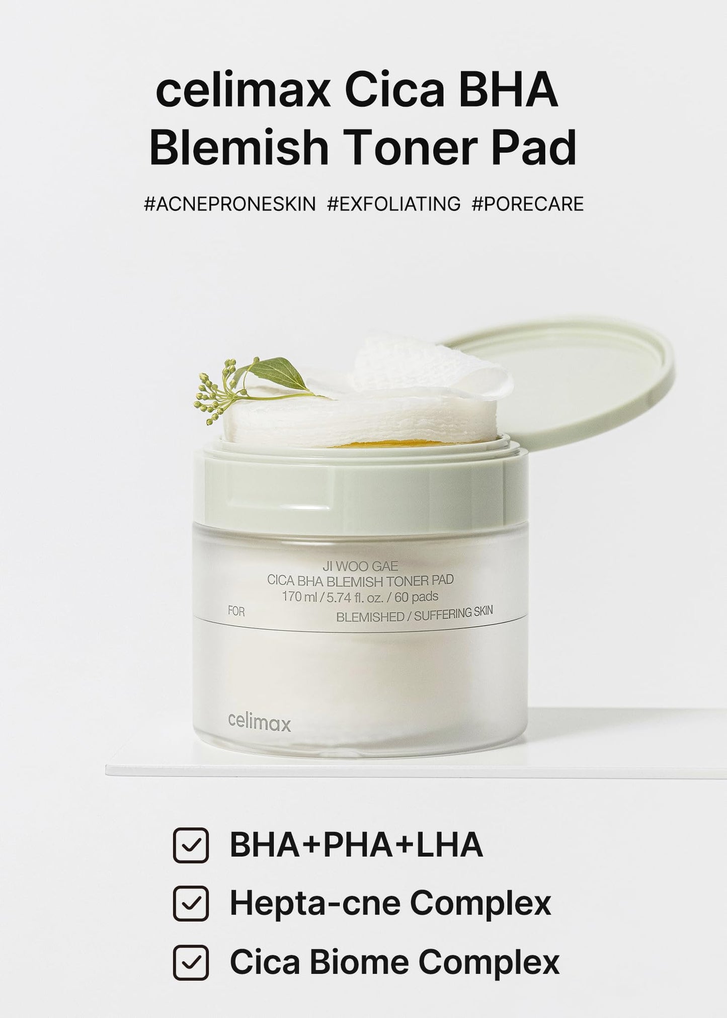 celimax Ji.Woo.Gae CICA BHA Blemish Toner Pad | BHA PHA LHA Complex, Centella Asiatica Extract, Hydrating, Moisturizing, Soothing, Reparing, (60 Pads)