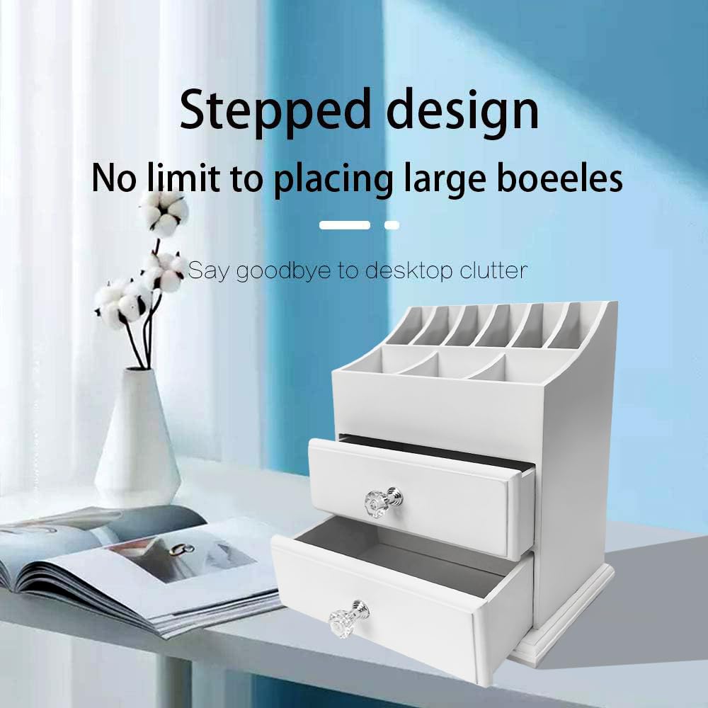 White Wood Cosmetics Organizer Makeup & Beauty Accessories Storage Rack with Drawers for Neat & Organize Storing of Makeup Tools Small Accessories at Home & Office Vanities & Bathroom Counter-top