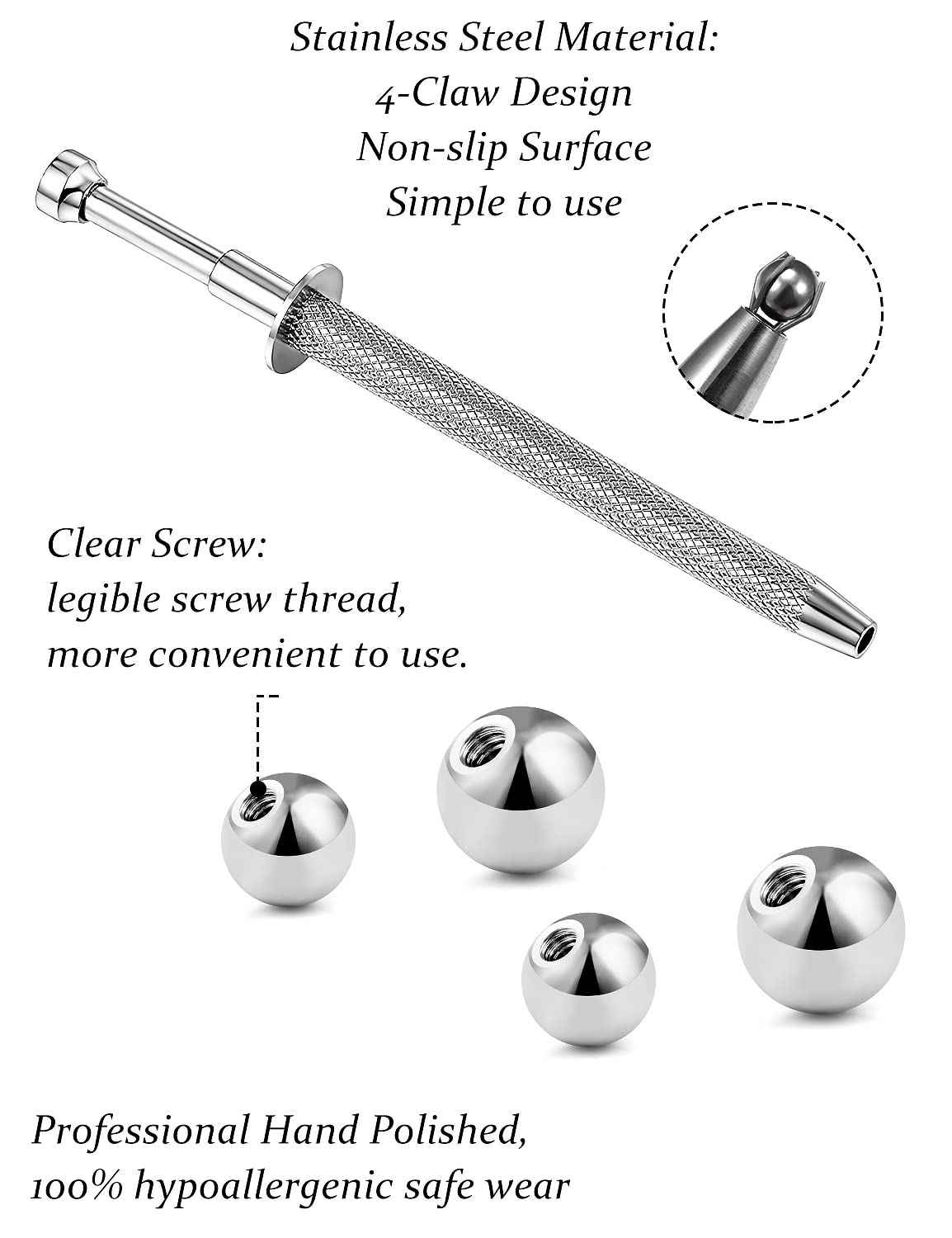 Vsnnsns 316L Surgical Steel Piercing Balls Grabber Tool Pick Up Tool with 4 Prongs Holder Professional Push in Syringe Type Quad Prong Small Bead Holder Grab Ball Catcher Body Piercing Tools