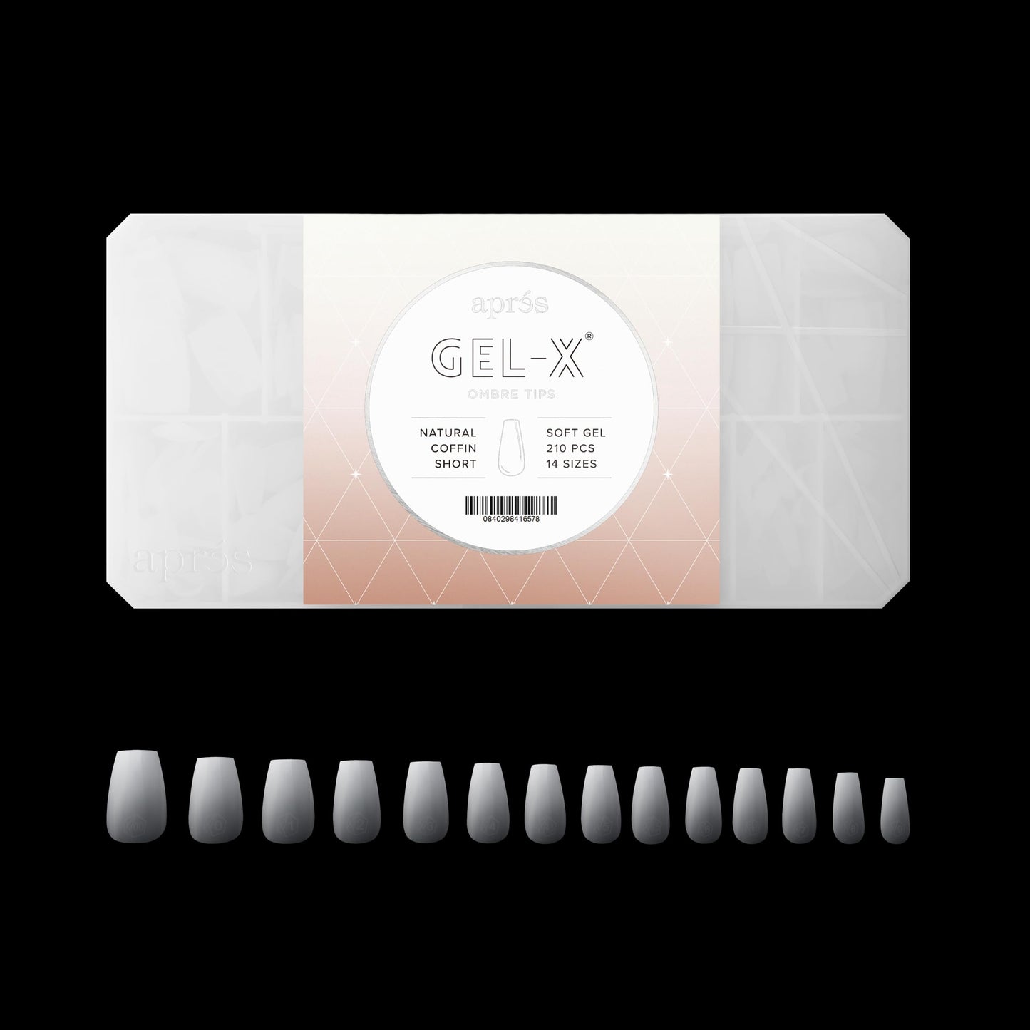 Apres Ombre Gel-X® Box of Nail Tips, 14 Sizes 00-9, Premium Quality (Natural Coffin Short, 210 Count)