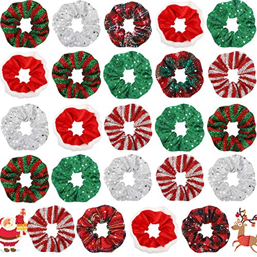 WILLBOND 25 Pcs Christmas Scrunchies for Women Red and Green Hair Accessories Bulk Holiday Plaid Velvet Soft Elastic Snowflake Ponytail Holder for Women Gifts(Novel Christmas Pattern)