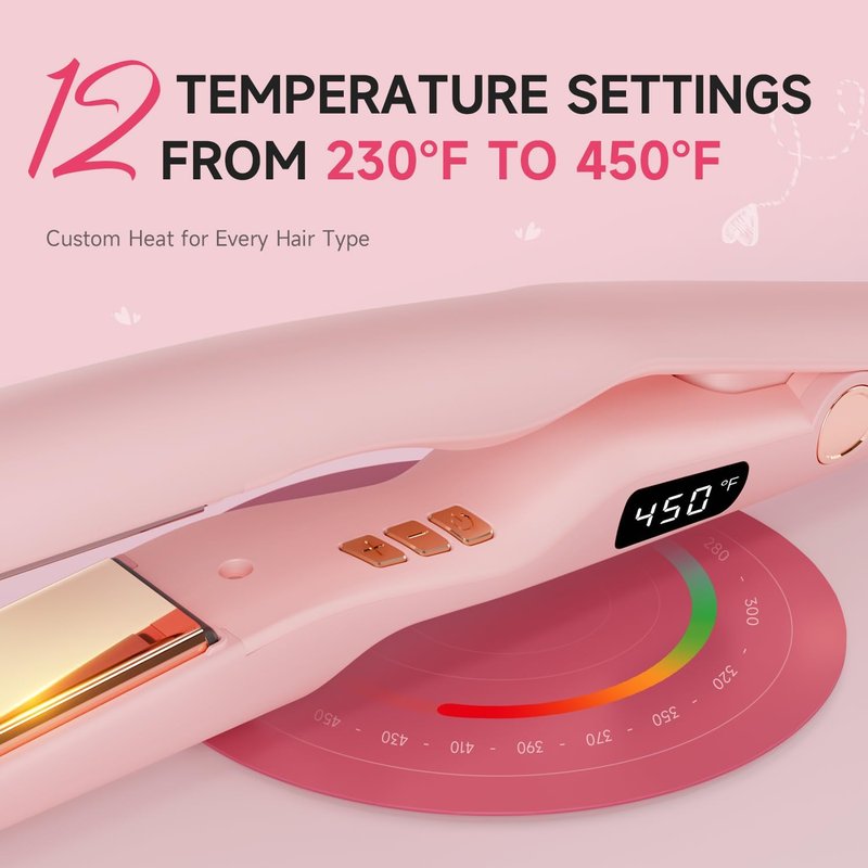 Flat Iron Hair Straightener - 1 Inch Titanium Fast Heating | 12 Temp Settings, Auto Shut Off, Dual Voltage for Silky Hair
