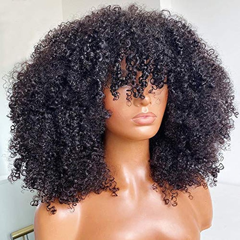 Afro Kinky Curly Wig With Bangs Full Machine Made Scalp Top Wig 200 Density Brazilian Short Curly Human Hair Wigs Natural Color 14 Inch