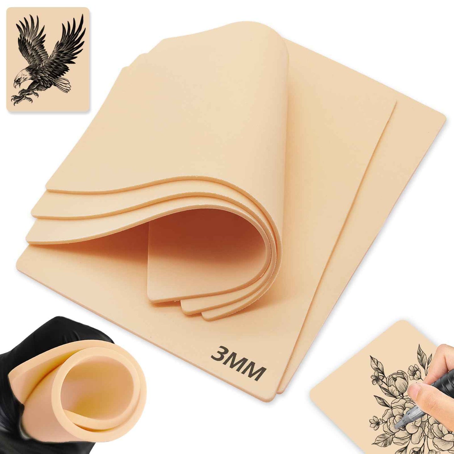 Anghie 10Pcs Tattoo Practice Skin 7.4 * 5.6'' Tattoo Skins 3MM Thick Blank Double Sides Fake Skin for Practicing for Experienced Artists and Beginner