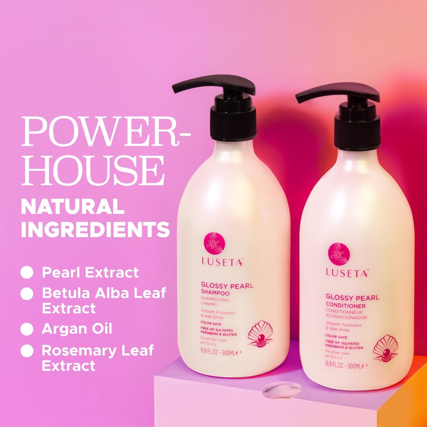 Luseta Glossy Pearl Shampoo and Conditioner Set Smooth & Moisturize, Add Shine and Helps Tame Frizz,Hydrating for Damaged Hair, Detangle,Nourish Strands, Sulfate Free,16.9oz*2