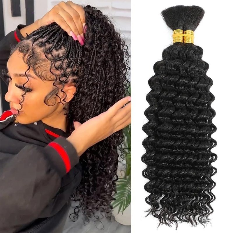 Bangxunk Human Braiding Hair 2 Bundles/Pack 100g Deep Wave Human Bulk Hair for Braiding No Weft 10A Brazilian Virgin Human braiding Hair for Boho Braids Extensions (Natural Color, 16 inch)