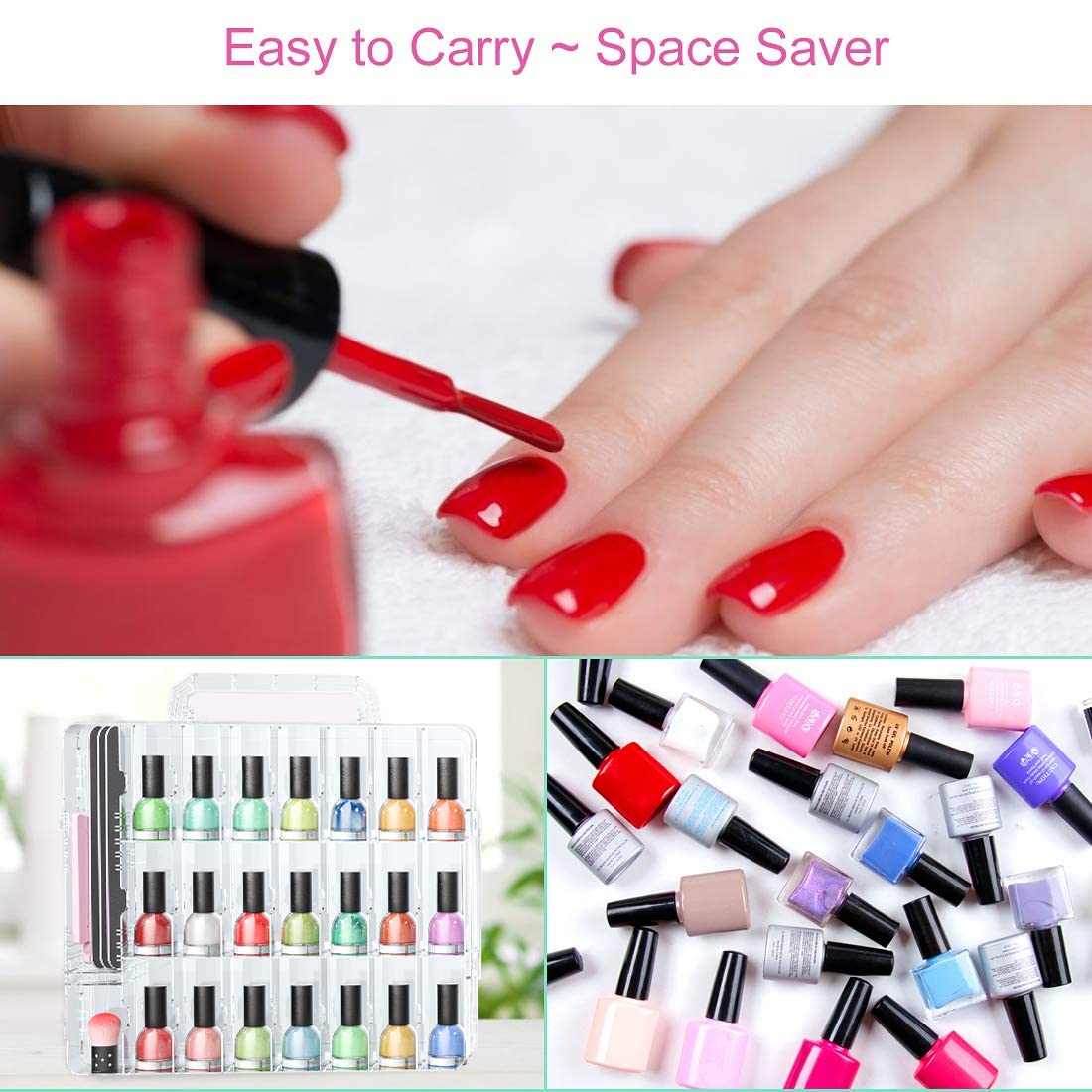 Nail Polish Organizer Case - Holds 48 Bottles | Adjustable Gel Storage with Space Dividers & Toe Separator