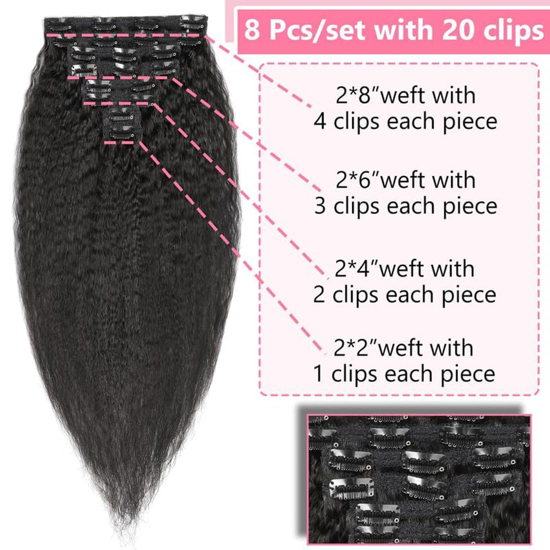ShowJarlly Clip in Hair Extensions Real Human Hair 12 Inch Kinky Straight Clip Ins 8 Pcs Brazilian Remy Hair Extensions for Women Natural Black
