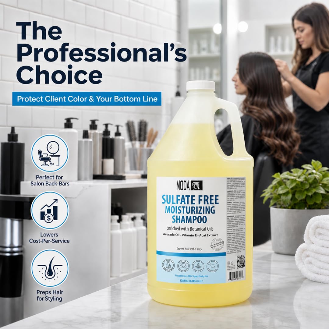 MODA Sulfate-Free Moisturizing Shampoo for All Hair Types - Professional - Deeply Cleanses and Conditions, Strengthens, Restores and Shines Hair - 1 GAL