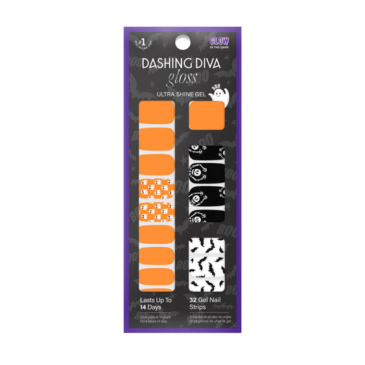 Dashing Diva Gloss Nail Strips - Orange You Scared - UV Free, Chip Resistant, Long Lasting Gel Nail Stickers - 3-Piece Halloween Glow-In-The-Dark Manicure Set - Contains 32 Wraps, 1 Prep Pad, 1 File