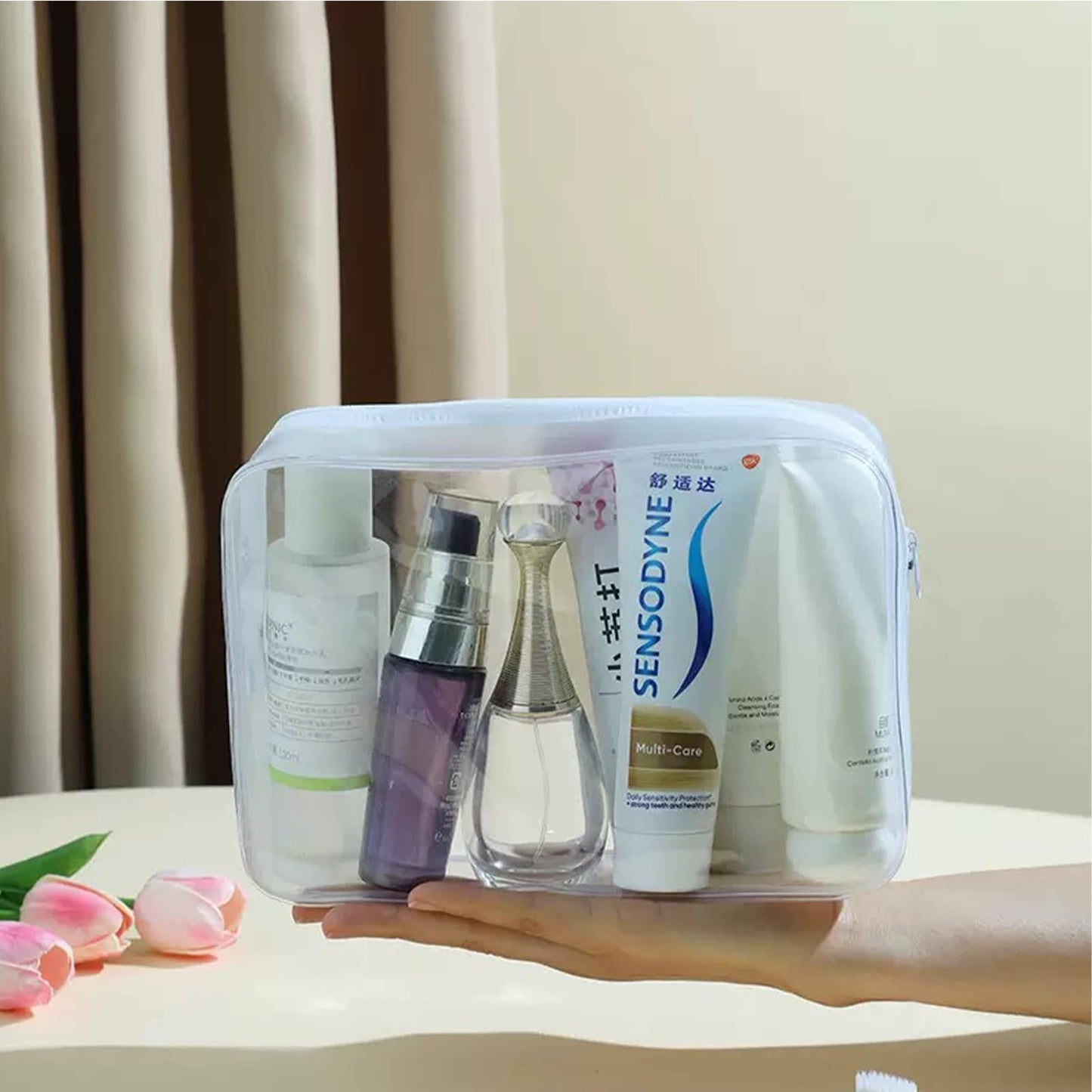 Enorteen 25 Pack Clear PVC Zippered Travel Cosmetic & Toiletry Organizer Bag Set for Makeup, Shower Essentials - White