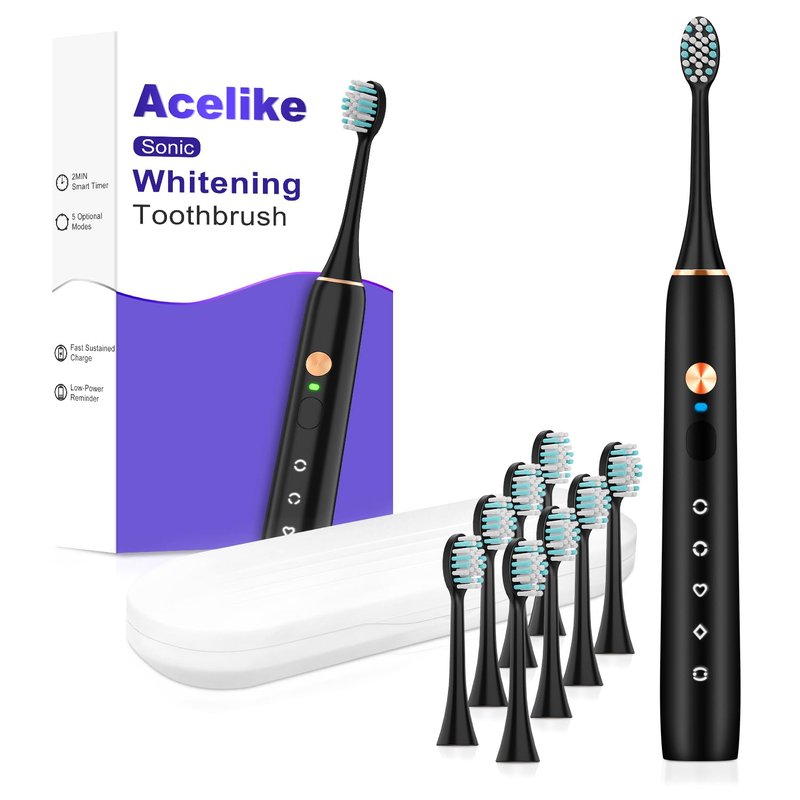 Whitening Electric Toothbrush for Adults and Kids, Rechargeable Toothbrush with 8 Brush Heads & Travel Case, 5 Modes & Smart Timer, 45000VPM Deep Clean, IPX7,One Fast Charge Last 120 Days - Black