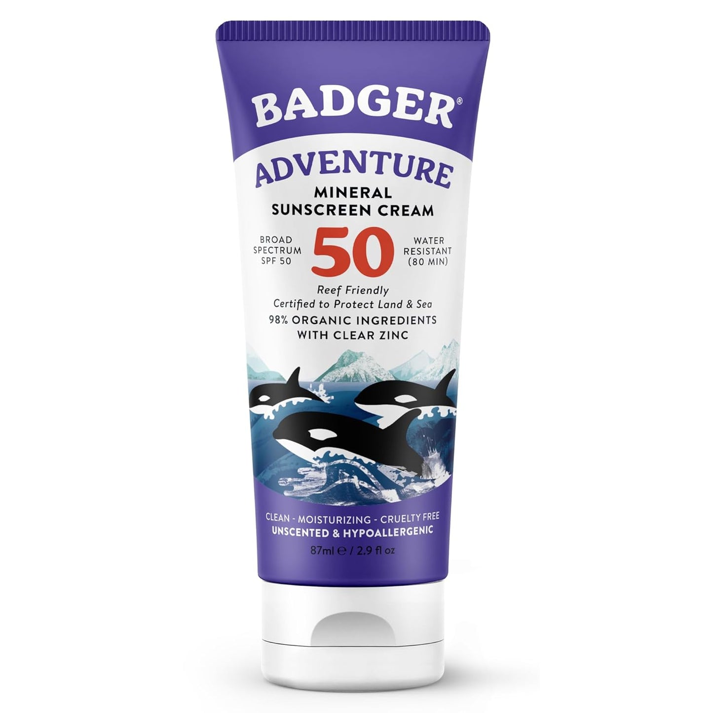 Badger Reef Safe Mineral Sunscreen SPF 50 - 98% Organic, Non-Toxic, Water Resistant, Unscented | 2.9 fl oz