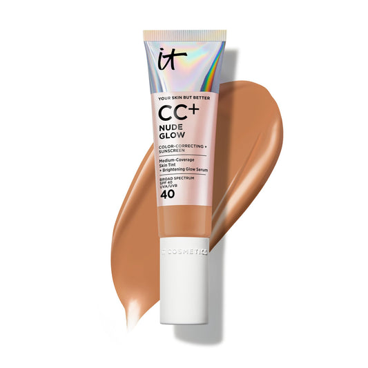 IT Cosmetics CC+ Nude Glow (Neutral Rich) - Medium Coverage Foundation with SPF 40 & Brightening Glow Serum, Lightweight Skin Tint, 2% Niacinamide + Hyaluronic Acid, Up to 24H Hydration - 1.08 fl oz