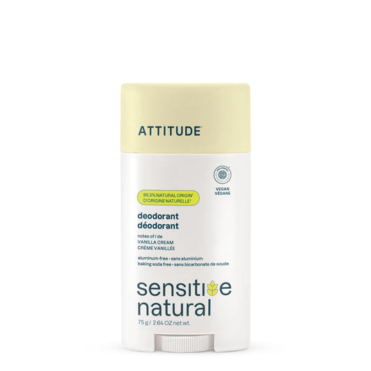 ATTITUDE Deodorant for Sensitive Skin, Aluminum Free & Baking Soda Free, Gentle & Vegan, Long-Lasting Odor Protection, Vanilla Cream Scent, 2.64 Oz