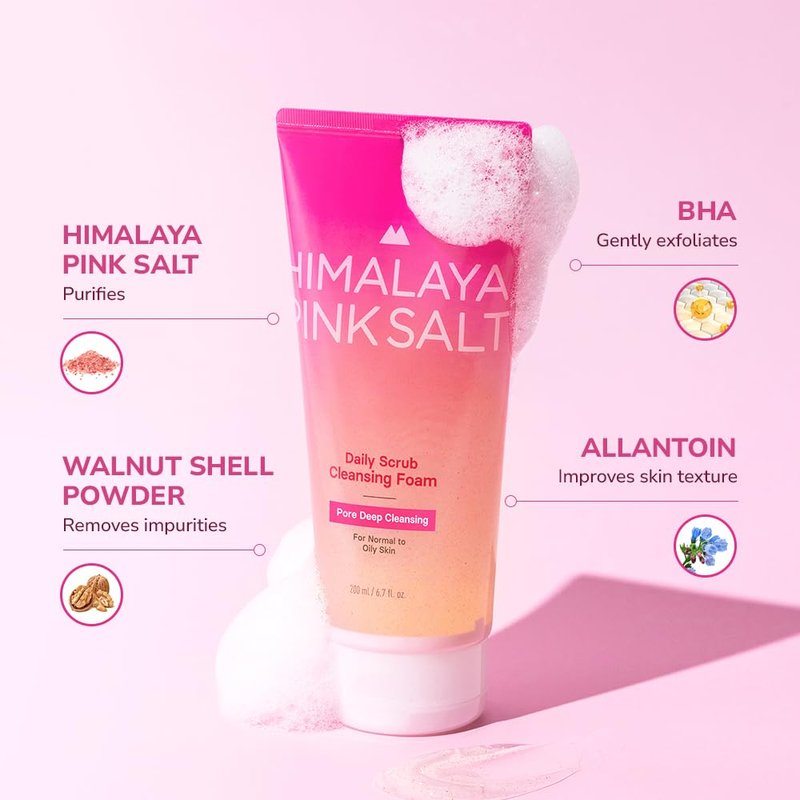 HIMALAYA PINKSALT Daily Scrub Cleansing Foam Pore Deep Cleansing, 6.7 fl oz 2 Pack - BHA facial cleanser for oily skin, Pore Cleaner, Facial Scrub, Low Alkaline Facial Cleanser, Korean Skin Care