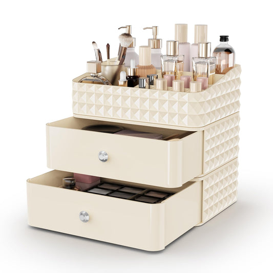 Rosoenvi Makeup Organizer for Vanity, Stackable Cosmetics Organizer and Storage, Cosmetic Display Cases with 2 Drawers and 1 Tray for Makeup Brush, Hair Accessories, Lipstick and Jewelry, Clear