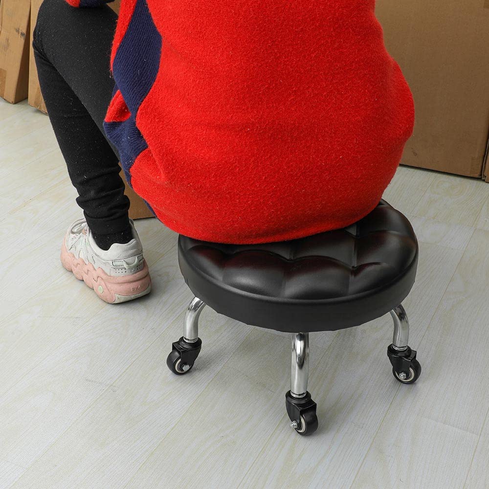 OBMMIRAO Pedicure Stool Low Roller Seat,Swivel stools Round Stool with Wheels, Black Low Chair with Wheels,PU Leather (Black StyleB)