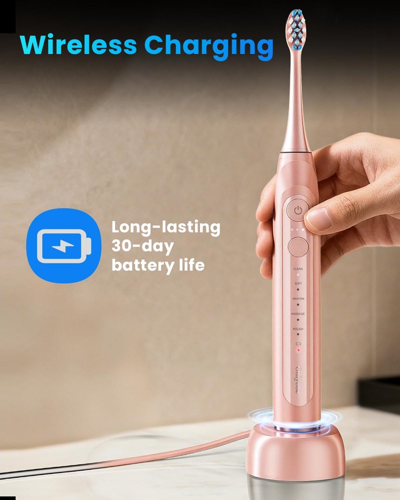 Onlyone Ultrasonic Electric Toothbrush for Adults, Rechargeable Electric Toothbrush with 8 Brush Heads, Travel Case, Charging Base & Wireless Charging - 5 Modes with Smart Timer
