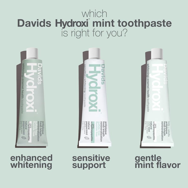 Davids Hydroxi Fluoride Free Nano Hydroxyapatite Whitening + Enamel Health Toothpaste, Antiplaque, Fresh Breath, Remineralizing, SLS Free, Natural Peppermint, 4 oz, Made in USA