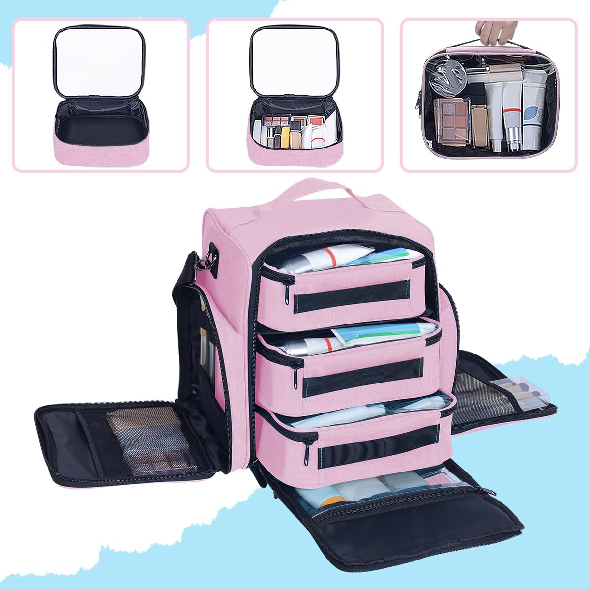 Large Makeup Bag Organizer - Multifunctional Cosmetic Case with 3 Removable Pouches | Pink Travel Storage