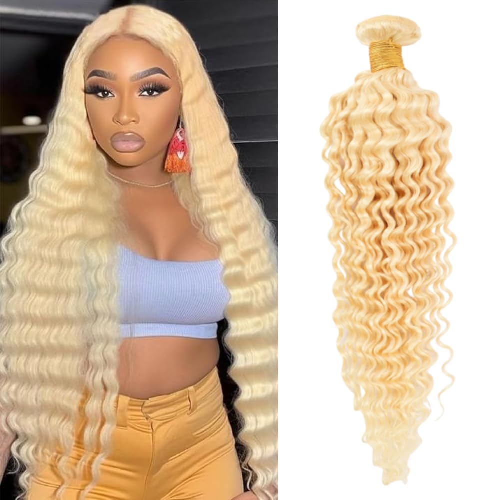 613 Bundles Human Hair 16 Inch Blonde Deep Wave Bundles Human Hair 1 Bundle 14A Grade 100% Unprocessed Brazilian Virgin Raw Hair Weave Extensions for women 100g
