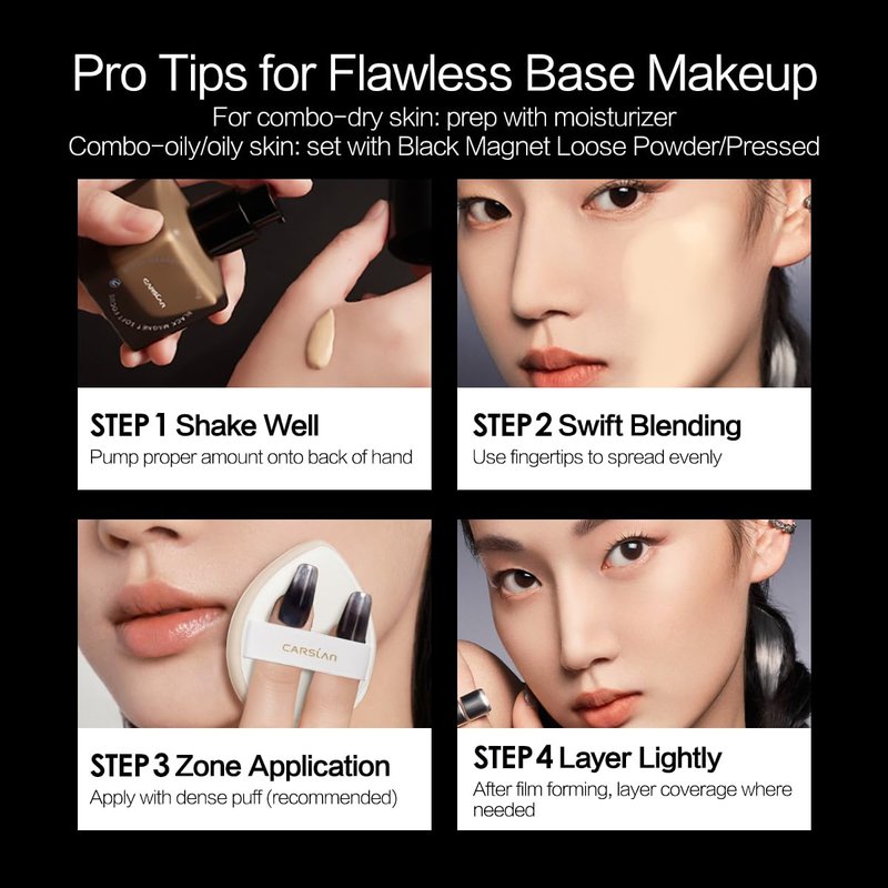 CARSLAN Black Magnet Liquid Foundation, 24H Longlasting Matte Finish Face Base Makeup, Waterproof, Smudgeproof, Buildable, Full Coverage Natural Finish, 30ml/1.05 Fl Oz, P01 For Fair Skin