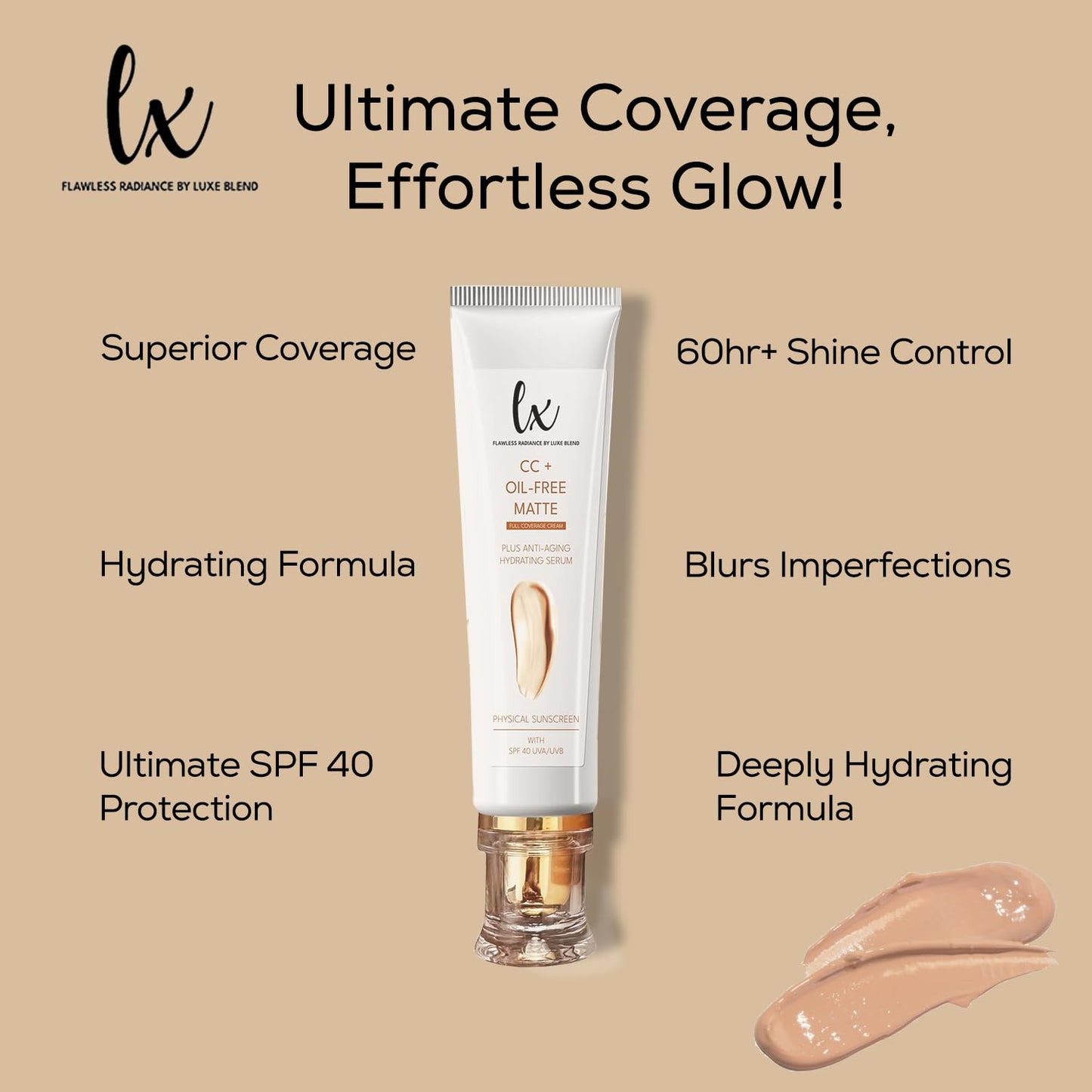 Lx Blend CC+ Cream | Oil-Free Matte Foundation with SPF 40 | Full Coverage, Anti-Aging, Long-Wear Hydrating Makeup for Oily Skin | Fragrance-Free, Shine Control, 1.08 FL OZ