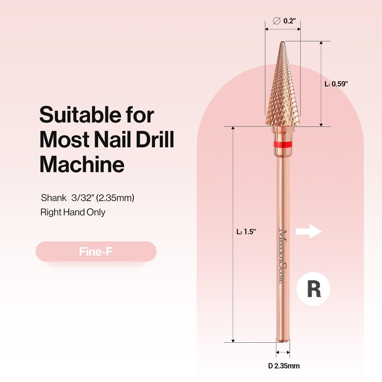 MelodySusie Professional Tapered Nib Nail Drill Bit, 3/32'' Carbide Tungsten Multi-function Bit, Suitable for Manicure Pedicure Cuticle Gel Polishing, Technicians Bit, Rose Gold, Series Bit-M, Fine