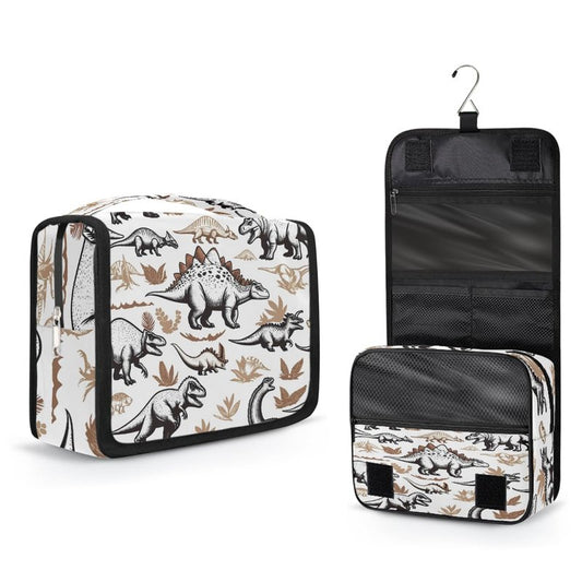AUUXVA Dinosaur Travel Toiletry Bag for Boys Kids Vintage Dinosaur Pattern Cosmetic Organizer Bag Jurassic Dino Hanging Makeup Bag with Zipper Pocket and Handle, Portable Travel Wash Bag for Men