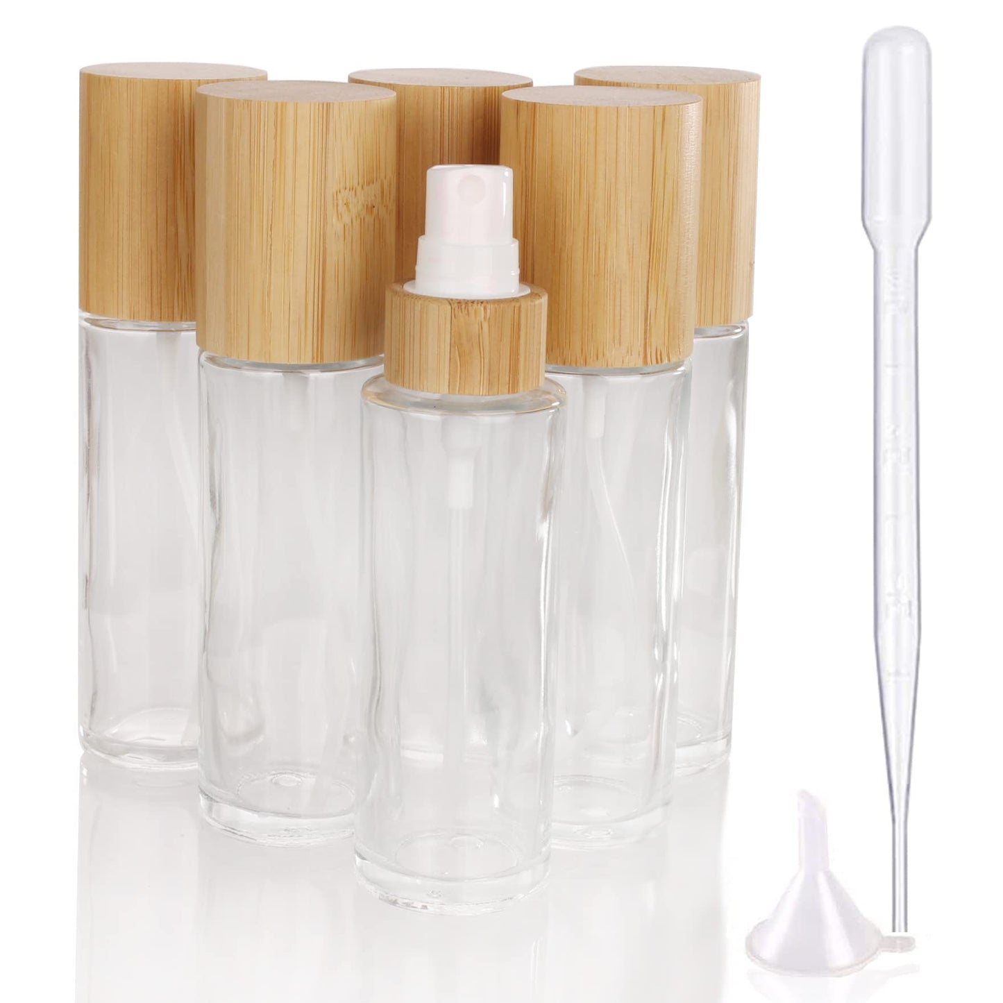 COSIDEA 6 pcs Empty 2oz /60ml bamboo lid clear glass spray bottle with fine mist despenser head for liquid perfume toiletries containers, toner bottles