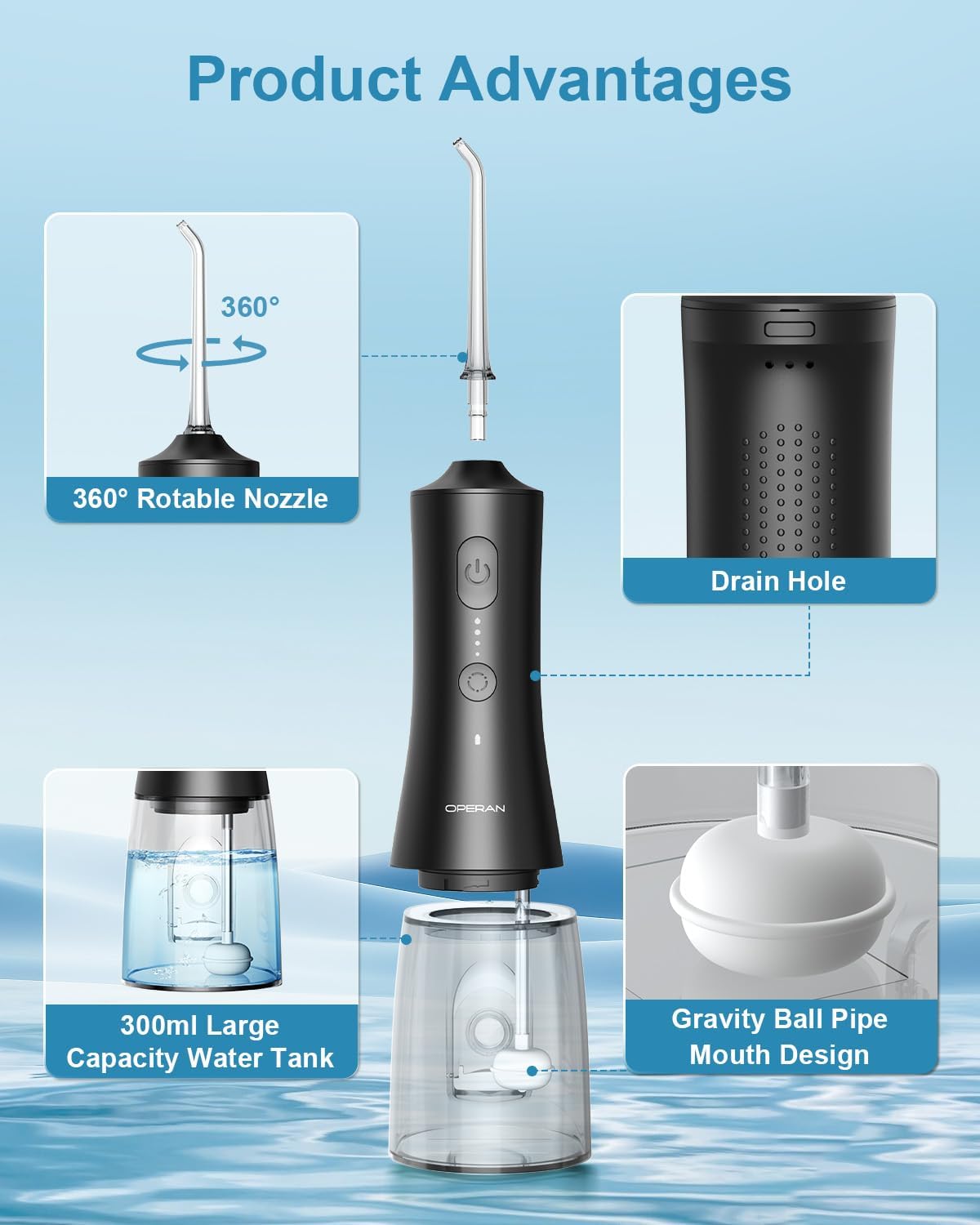 OPERAN Water Flossers for Teeth, Cordless Portable Water Flossers for Adults Braces, IPX7 Waterproof with 4 Modes, 4 Professional Nozzles, 300ml Tank & 21 Days Runtime for Travel, Black, 1Pack