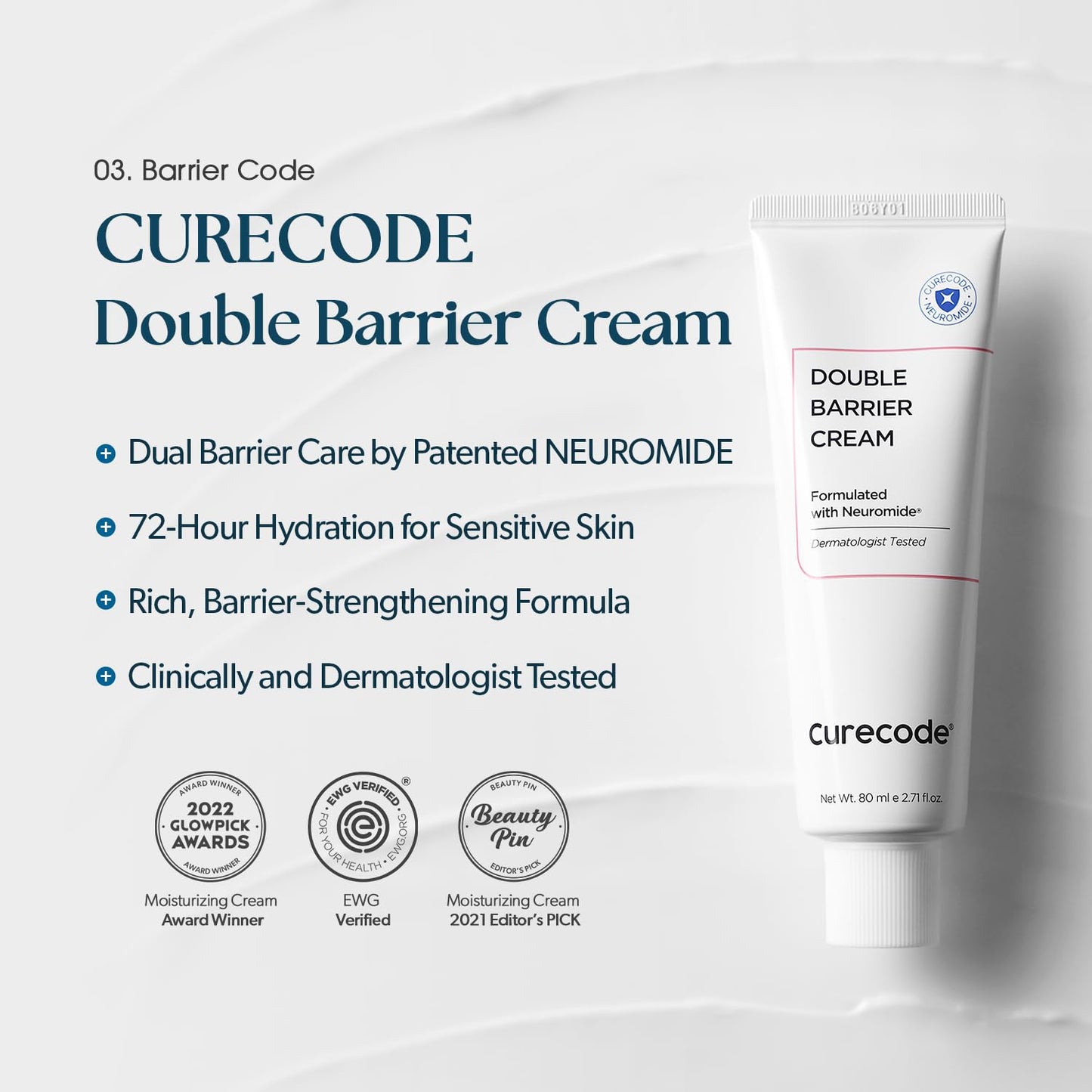 CURECODE Double Barrier Cream 80ml (2.71 Fl Oz) Korean Skin-Biome Science with Neuromide, Encourages Ceramide, Soothes Sensitive & Dry Skin, Strengthen and Repair Skin Barrier EWG verified