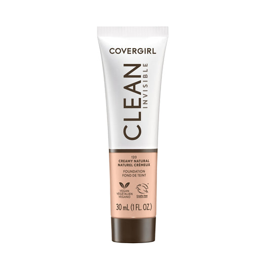 COVERGIRL Clean Invisible Foundation Makeup, Dewy & Glowy Finish, Buildable Coverage, Skin-Like Smooth Look, Vegan, Creamy Natural, 1oz