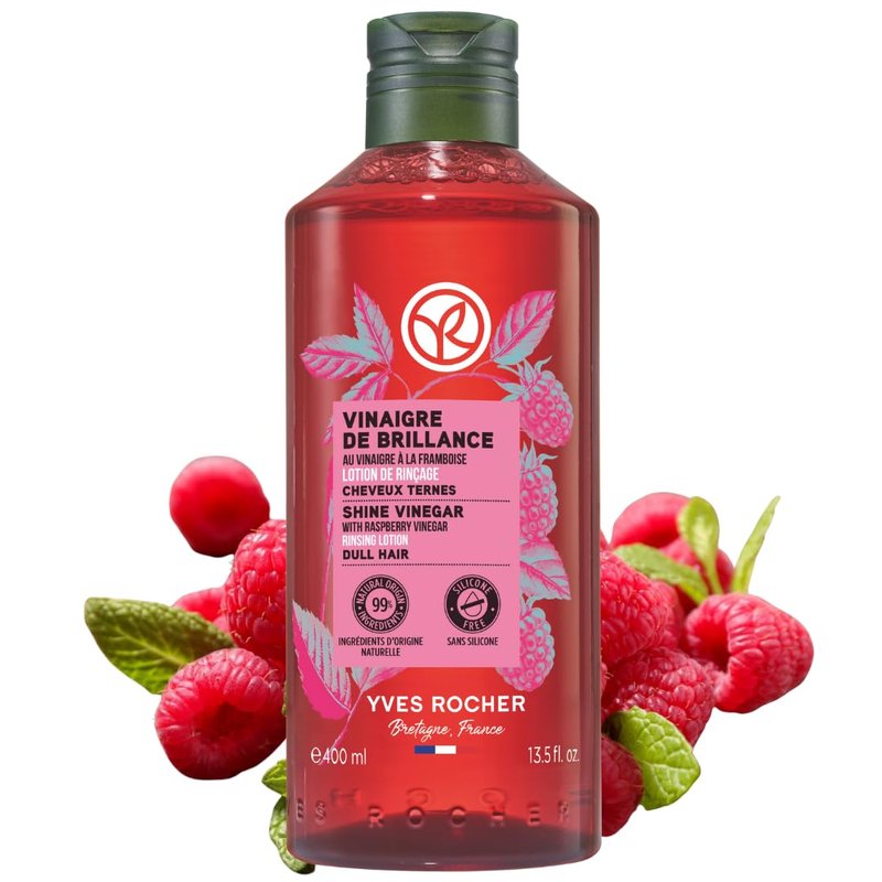 Yves Rocher Raspberry Vinegar Hair Rinse, Shine Rinsing Lotion for Color-Treated and Hard Water Hair Detox, Silicone-Free, Sulfate-Free, 99% Natural Origin, Vegan, Made in France (400 ml/13.6 fl oz)