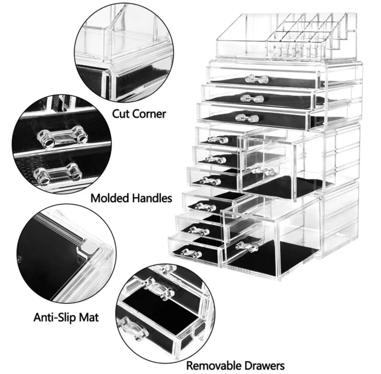 Banvikon Acrylic 4 Pack Makeup Organizer with 11 Drawers, Clear, Stackable Cosmetic Organizer For Lipstick, Jewelry and Makeup Brushes, Beauty Storage With Drawers For Dresser And Bathroom.