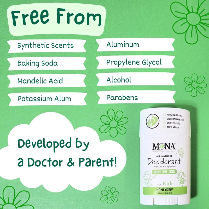MONA Honeydew Natural Deodorant for Kids, Preteens & Teens, Aluminum Free, Gluten and Baking Soda Free, Gentle for Sensitive Skin, Vegan Kids Deodorant Stick, 2-Pack