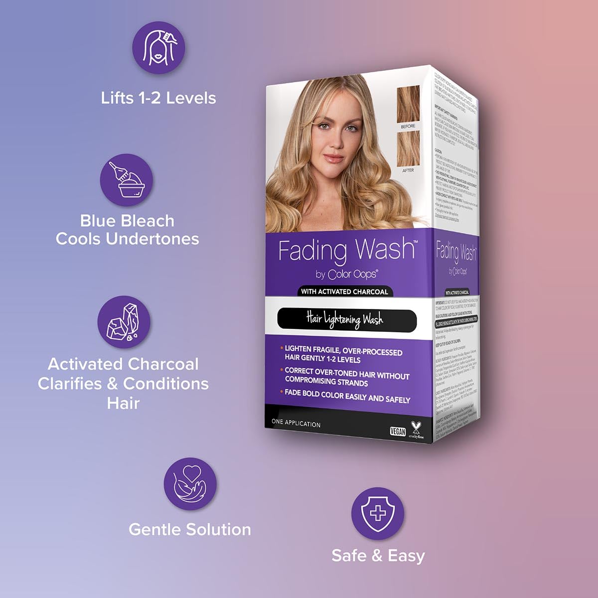 Color Oops Fading Wash Kit with Activated Charcoal, Hair Lightening Wash Gently Fades Processed Hair, Lifts 1-2 Levels of Bold Color and Brightens Tone, Vegan & Cruelty Free