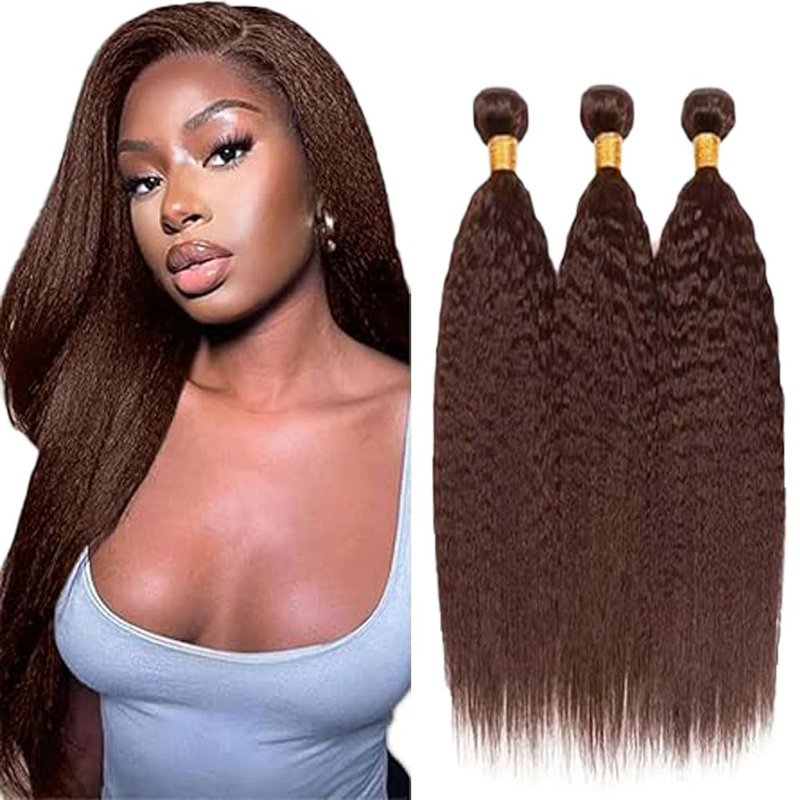 Lagalaga Color 4 Human Hair Bundles Chocolate Brown Yaki Wave 20 22 24 Inch #4 Dark Brown Bundles Human Hair Extension 12A Unprocessed Raw Brazilian Virgin Hair for Black Women