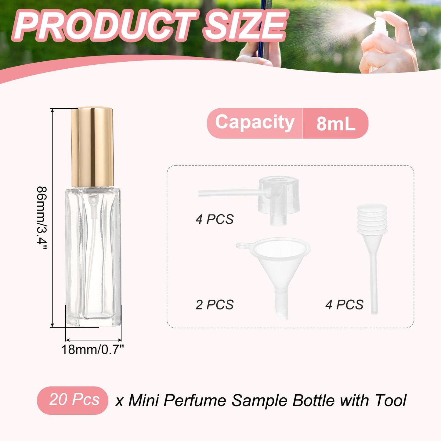 uxcell 8ml Glass Mini Perfume Bottles, 20Pcs Fine Mist Bottle Refillable Empty Mini Spray Bottles with Aluminized Nozzle for Perfume, Travel Liquid, Essential Oil(Clear/Gold)