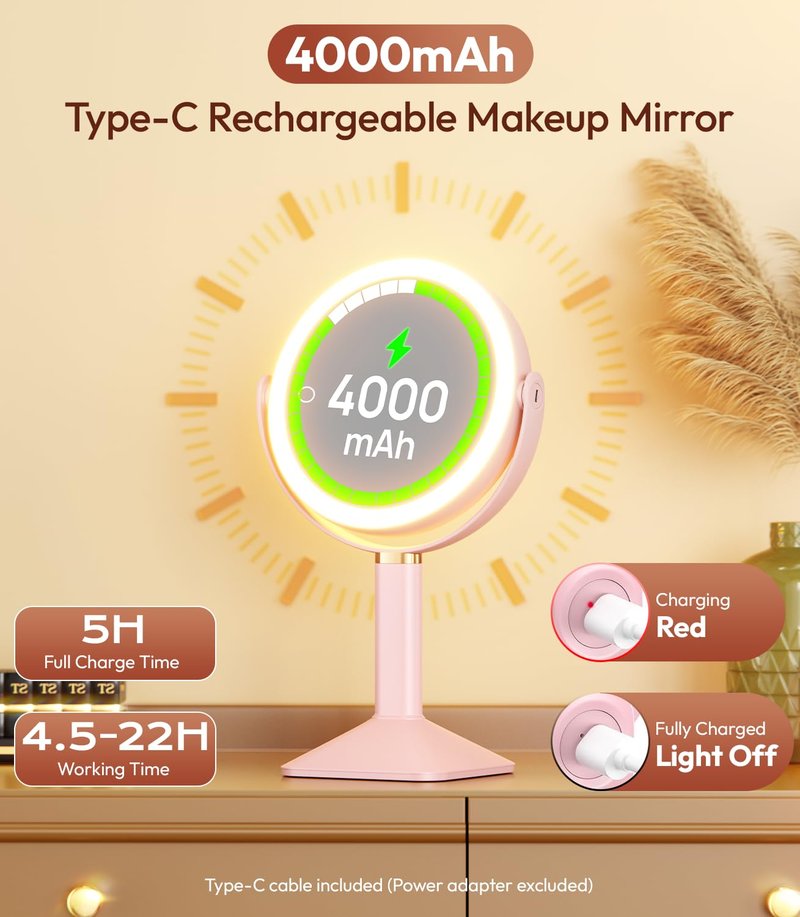 Glowtop Lighted Makeup Mirror with Lights and Magnification 30X/1X, Height Adjustable 30X Magnifying Vanity Mirror with 4000mAh Battery & 3 Colors Dimming Light for Desktop Bathroom Bedroom (Pink)