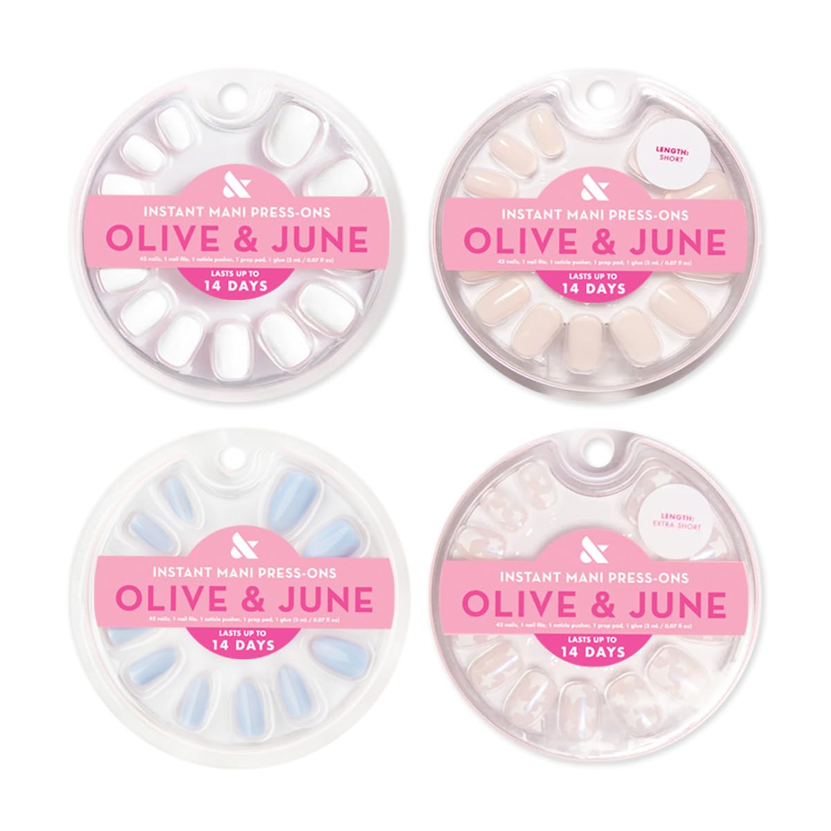 Press-On Nails Kit - 4 Realistic Fake Nail Sets | HD Crisp White, Classic French, Shimmery Super Star, BP Icy Blue - Non-Damaging Glue, Up to 14 Days Wear