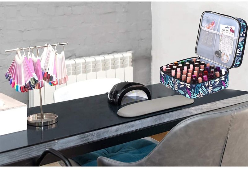 LYFFXYH Double-Layer Nail Polish Organizer-Holds 42 Bottles, Nail Polish Storage with Handle, Nail Bag Organizer Case for Professional Manicure Kit & Travel (Leaf, 42 Bottles-Small)